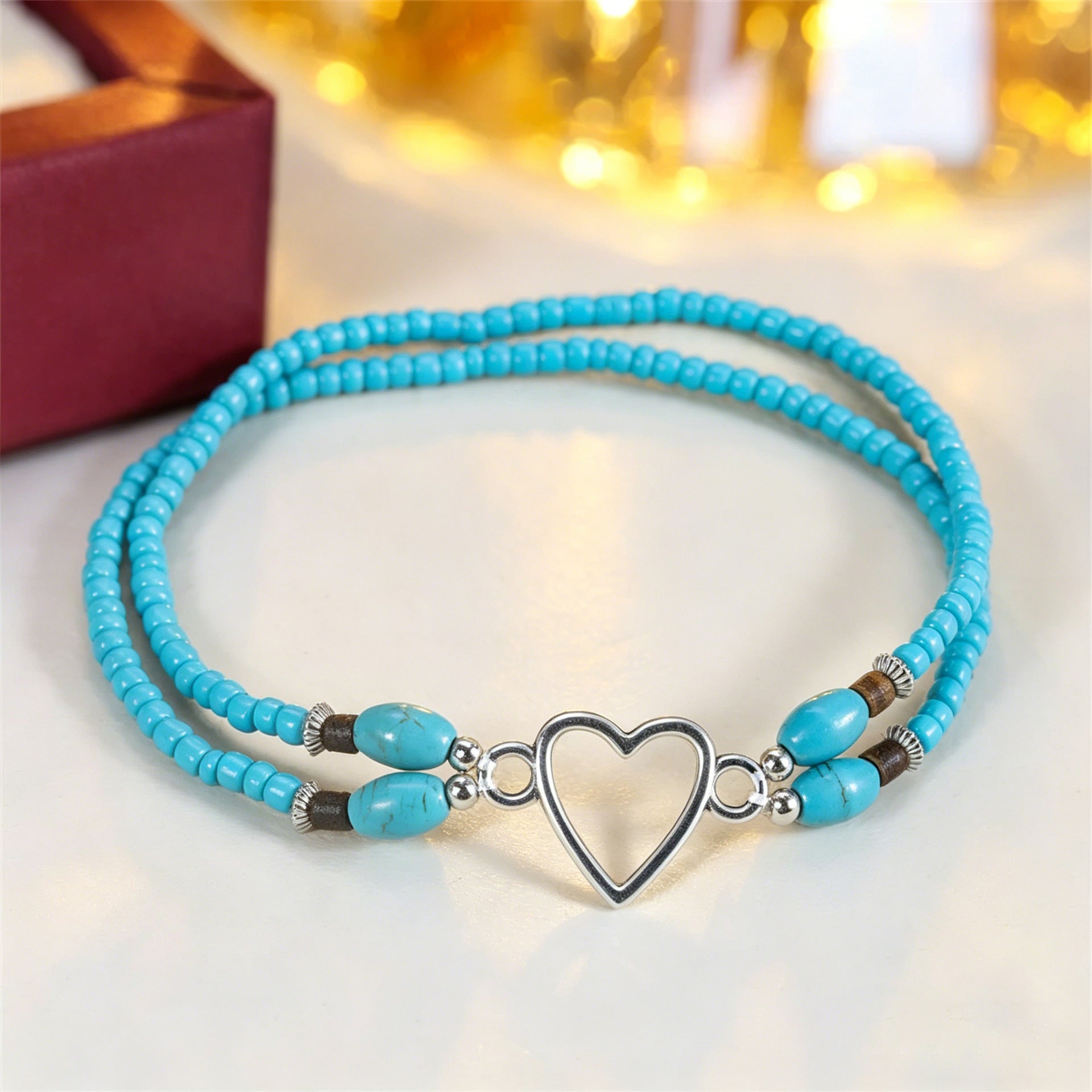 Wholesale Vacation Style Double Heart Beaded Elastic Ankle Bracelet Unisex Fashion Jewelry Accessory For Couples Gift And Boutique Resale