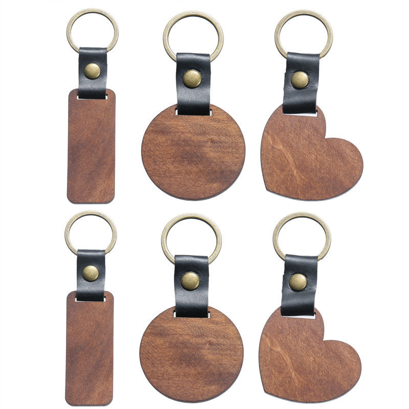 Manual al por mayor Diy Wood Leather Love Circle Keychain rectangular
