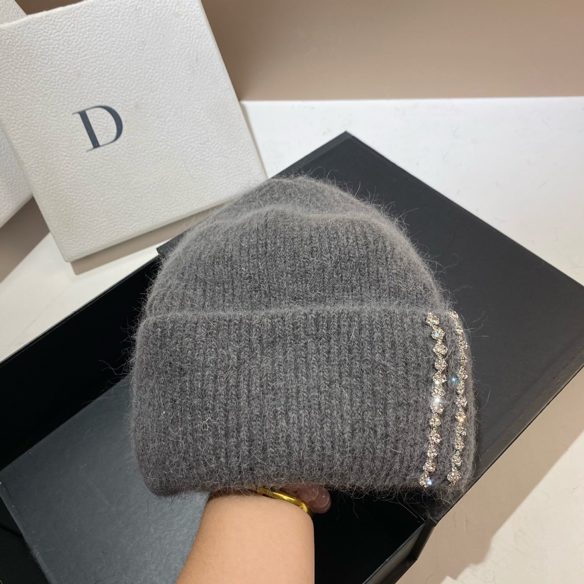Wholesale Long Rabbit Fur Bi-fold Knitted Rhinestone Beanie