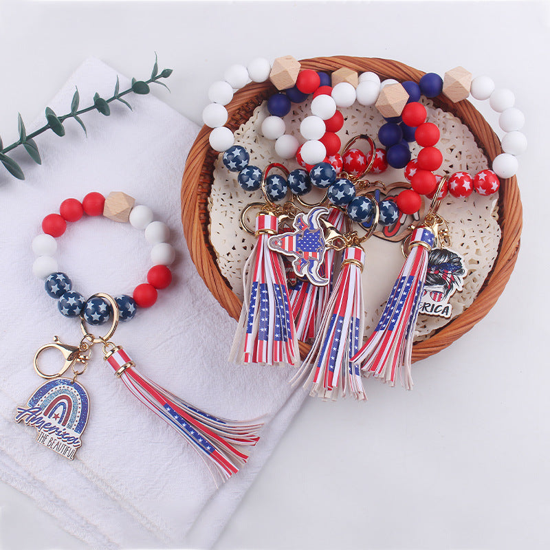 Wholesale American Independence Day Wrist Keychain Leather DIY Beaded Bracelet