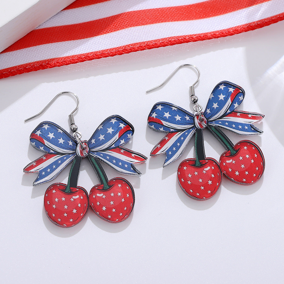 Wholesale New Independence Day Red White Blue Bow Cherry American Flag Pendant Earrings Acrylic Earrings