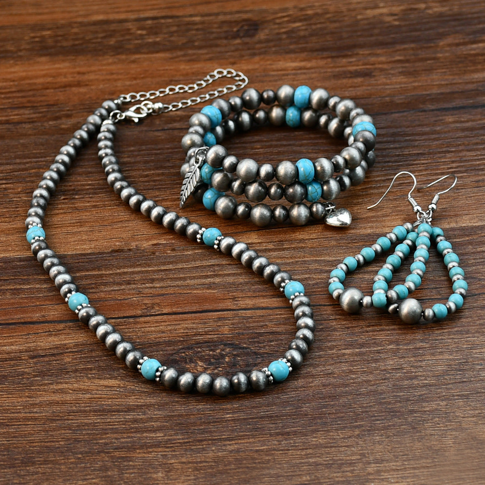 Wholesale Vintage Antique Pewter Beaded Necklace Bracelet Drop Shaped Earrings Jewelry Set