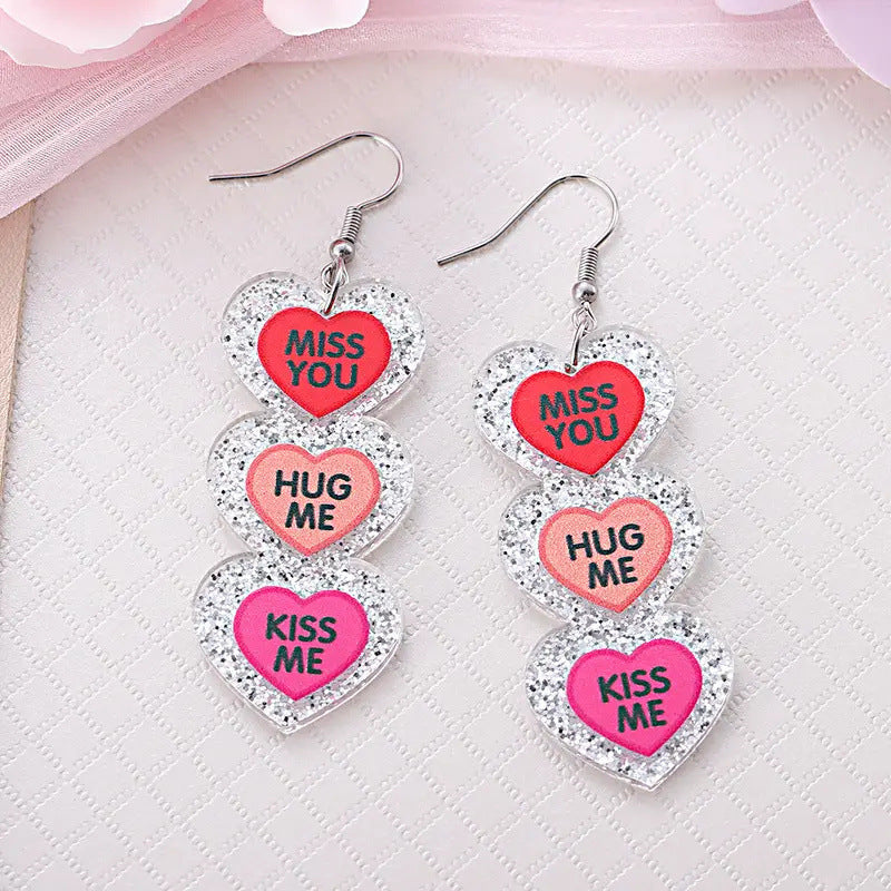Wholesale three-color love stitching earrings Valentine's Day romantic English heart glitter pendant earrings