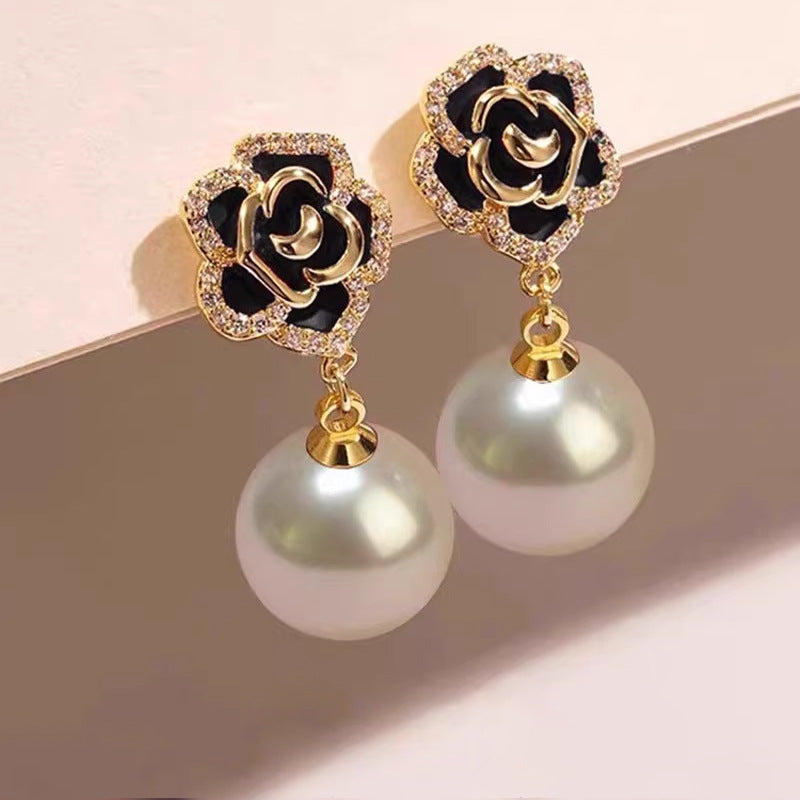 Wholesale Red rose pearl earrings silver needle long earrings