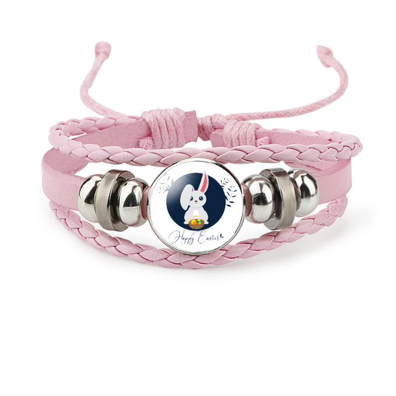 Wholesale Easter Rabbit Time Gemstone Pink Leather Multi Layer Woven Bracelet