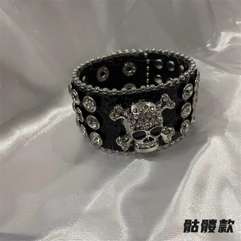 Wholesale Punk Leather Rivet Skeleton Wide Edge Bracelet