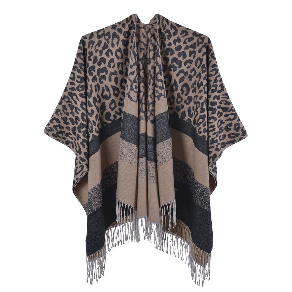 Wholesale Winter Leopard Print Tassel Imitation Cashmere Split Cape