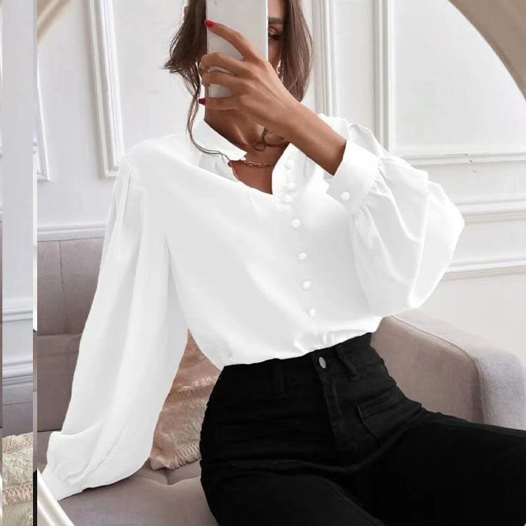 Wholesale New Elegant Solid Lapel Long Sleeve Single-breasted Loose Blouse with Solid Lapels