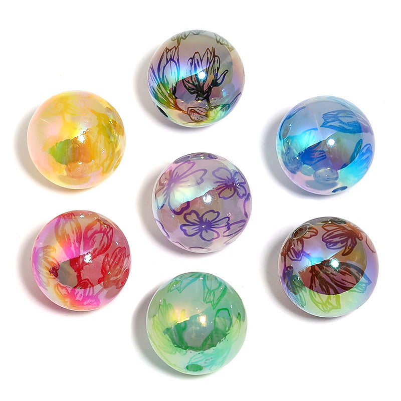 Wholesale 100pcs DIY Four Leaf Clover Magnolia Color Printed Round Acrylic Beads