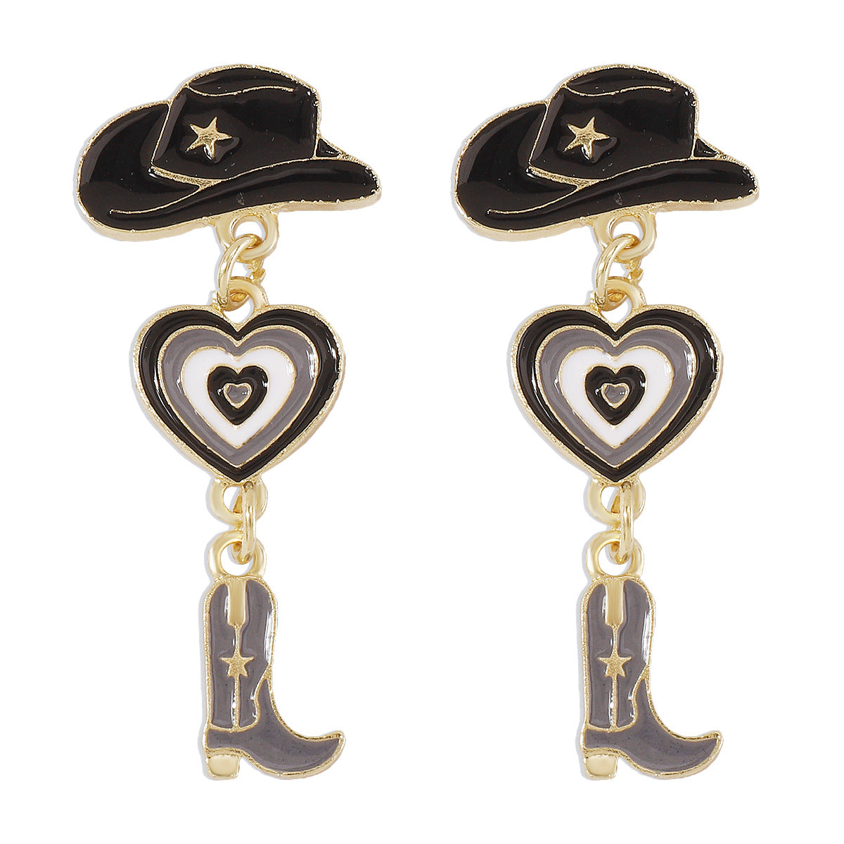 Wholesale Western Cowboy Style Hat Heart Cowboy Boots Oil Drop Earrings