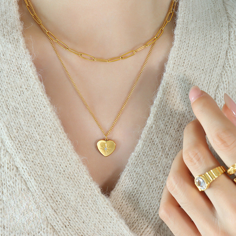 Wholesale 18k gold plated double heart-shaped star inlaid zircon pendant necklace