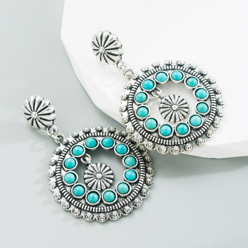 Wholesale  white turquoise earrings hollow round pendant exaggerated party earrings