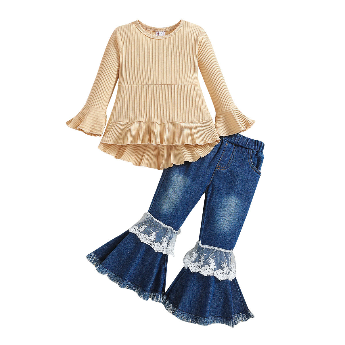 Wholesale Polyester Tops Children's Long Sleeve Denim Bell Bottoms Two Piece Set