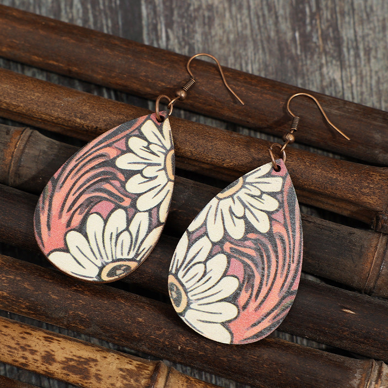 Wholesale Vintage Feng Shui Drop Shaped Sunflower Wooden Earrings