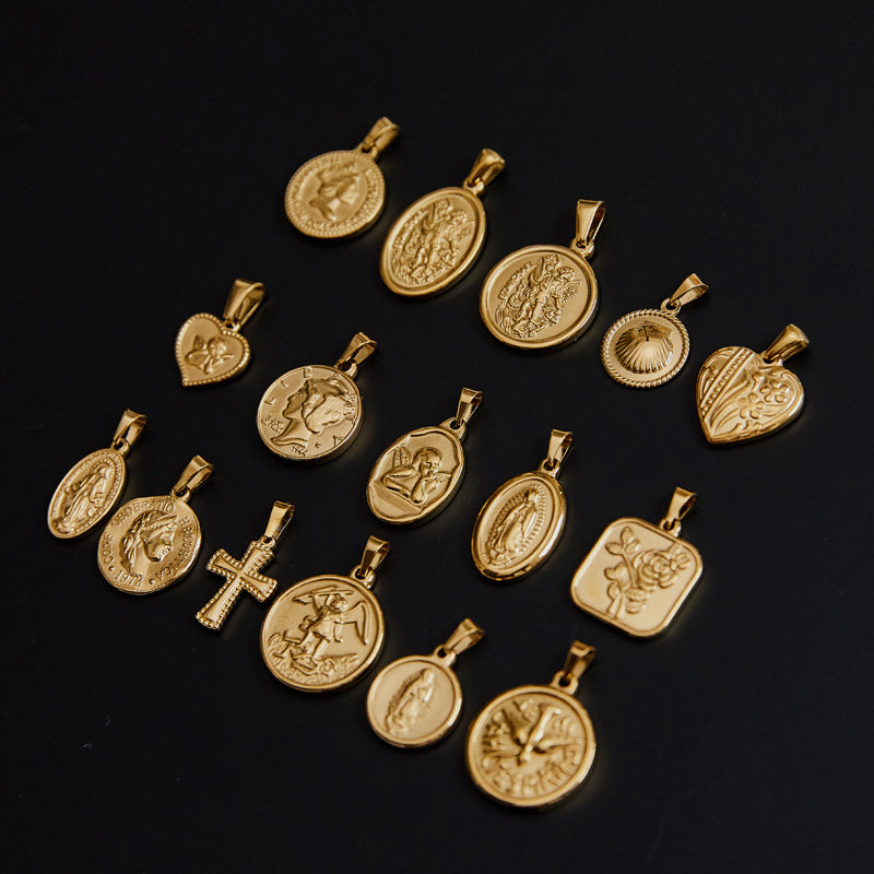 Wholesale Portrait Coin Cross Peach Heart Vintage Necklace