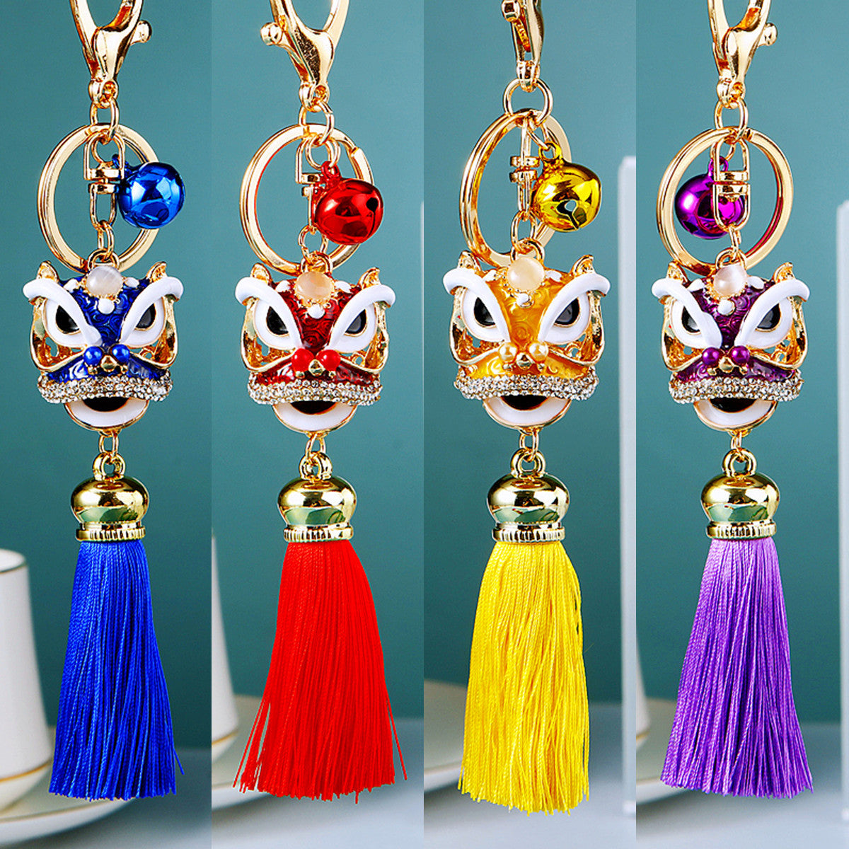 Wholesale Metal Chinese Style Lucky Lion Head Tassel Car Keychain Sapphire Blue Rhinestone Gift For Men Women