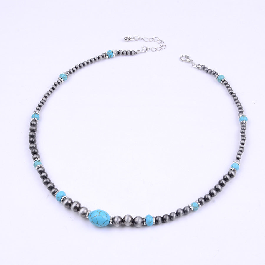 Wholesale Boho Turquoise Necklace Earrings Set Geometric Antique Silver Beaded Jewelry Trendy Fashion Accessory For Gift Resale