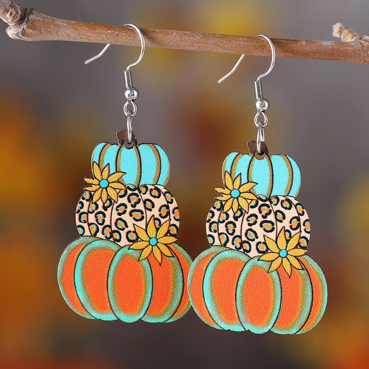 Wholesale Thanksgiving Wave Plaid Pumpkin Wooden Double-sided Earrings