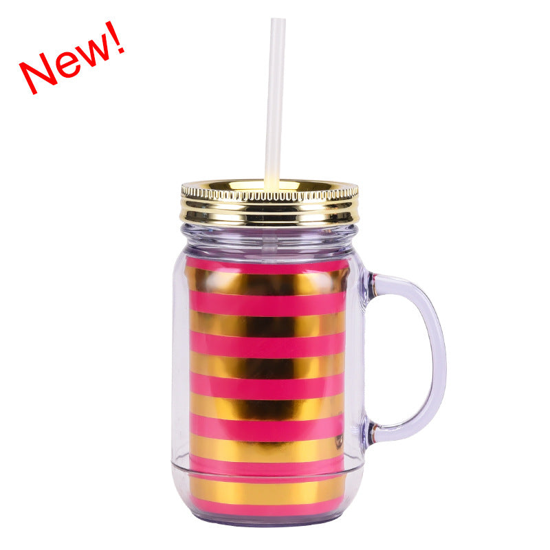 Wholesale Transparent Glitter Plastic Canned Cup with Handle Double Layer Plastic with Straw