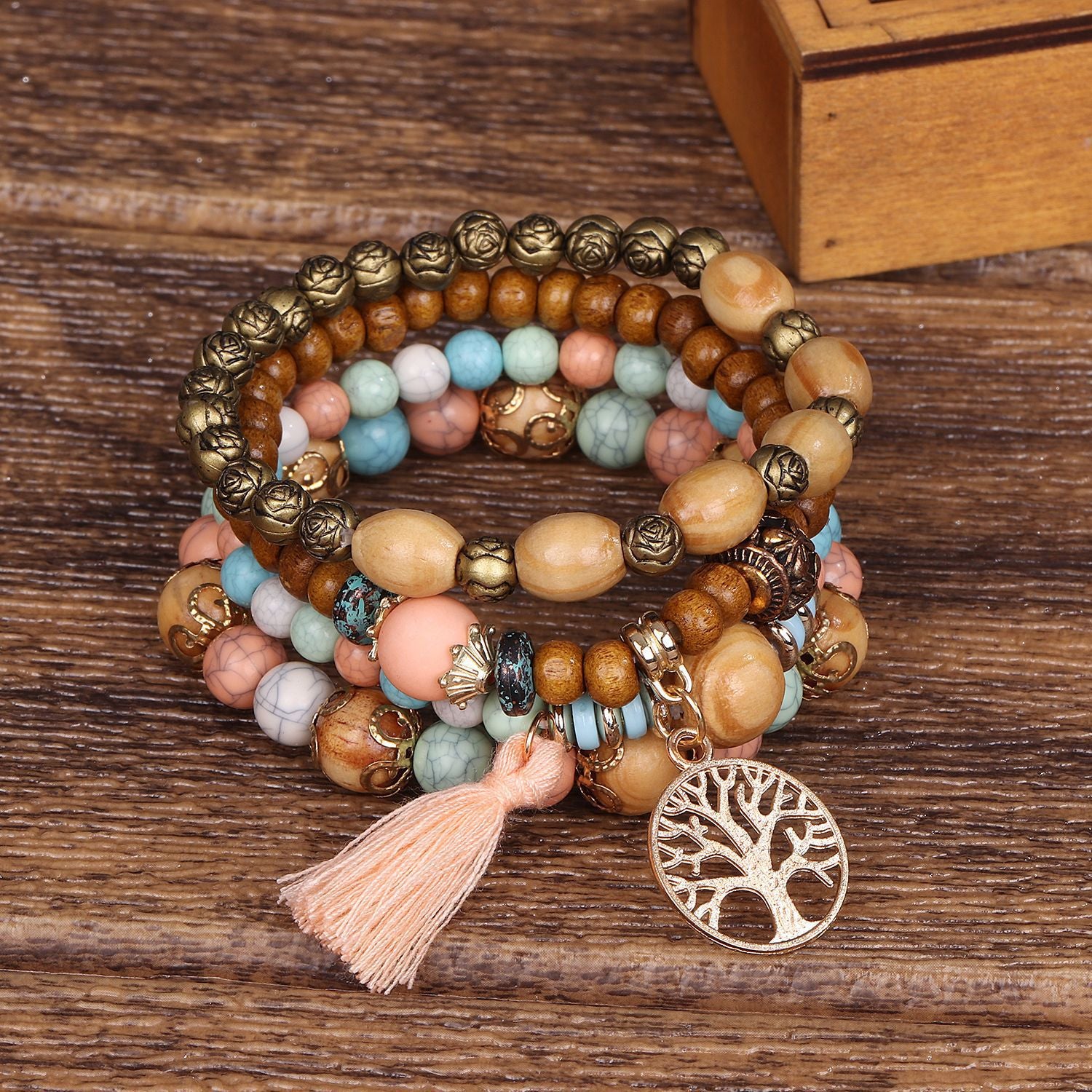 Wholesale Bohemian style multi-layered wooden bead bracelet