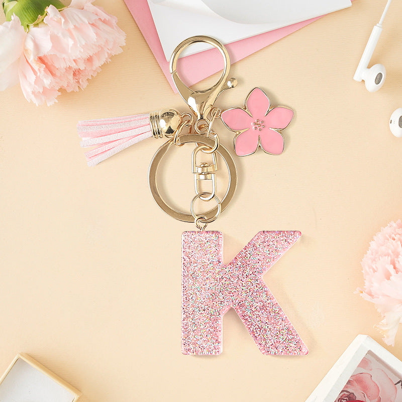 Wholesale Pink 26 letter Sparkling Pink Flower Tassel Keychain