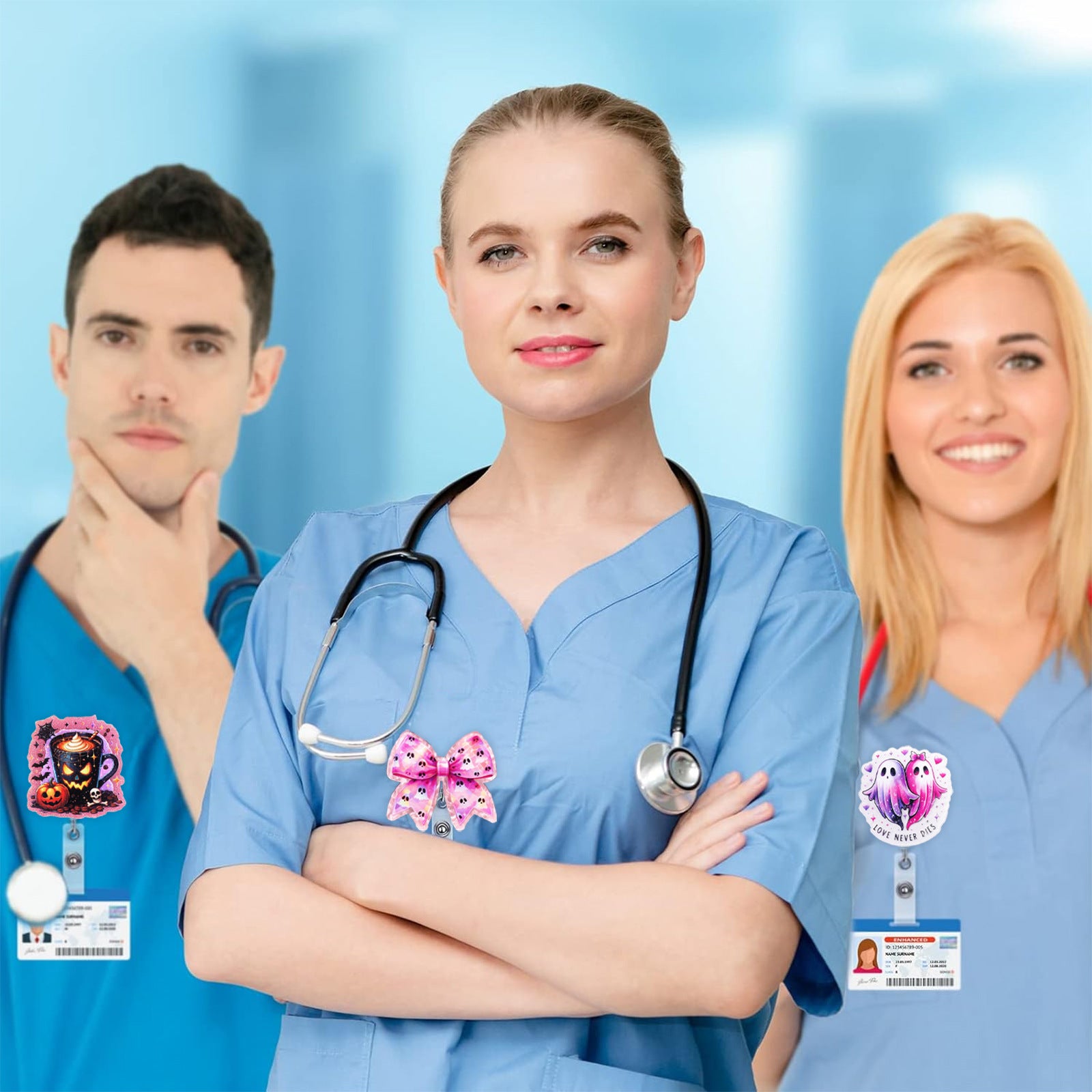 Wholesale  Pumpkin Bow Ghost Black Cat Easy Pull Buckle Telescopic Rotating Doctor Nurse Telescopic Id Buckle Badge