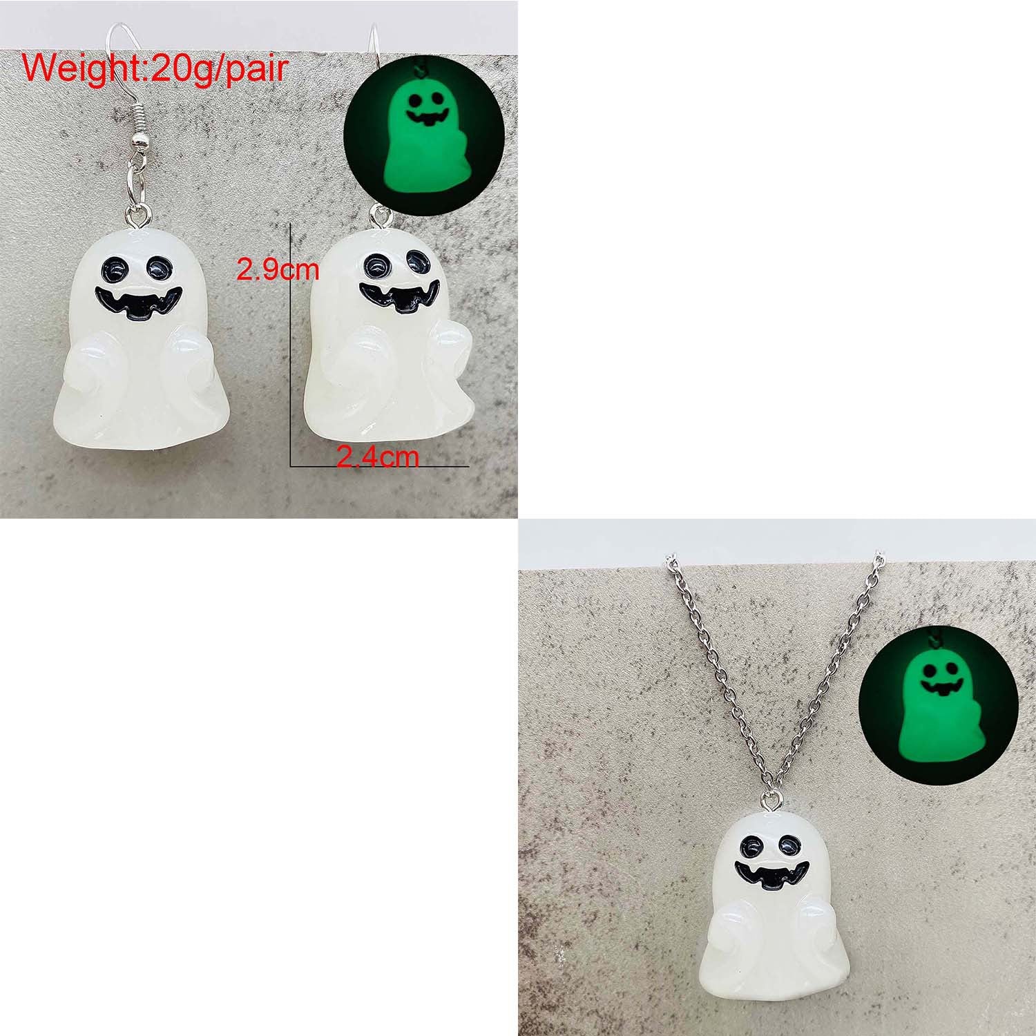 Wholesale Stereo Resin Glow-in-the-dark Ghost Halloween Wishing Bottle Earrings and Necklaces Set