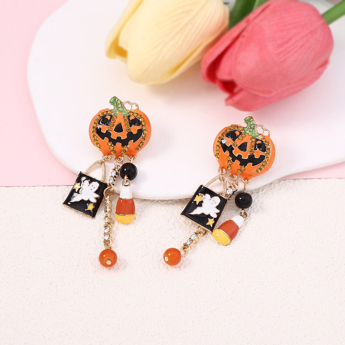 Wholesale Halloween Creative Fashion Oil Drop Funny Zircon Inlaid Pumpkin Skull Tassel Earrings