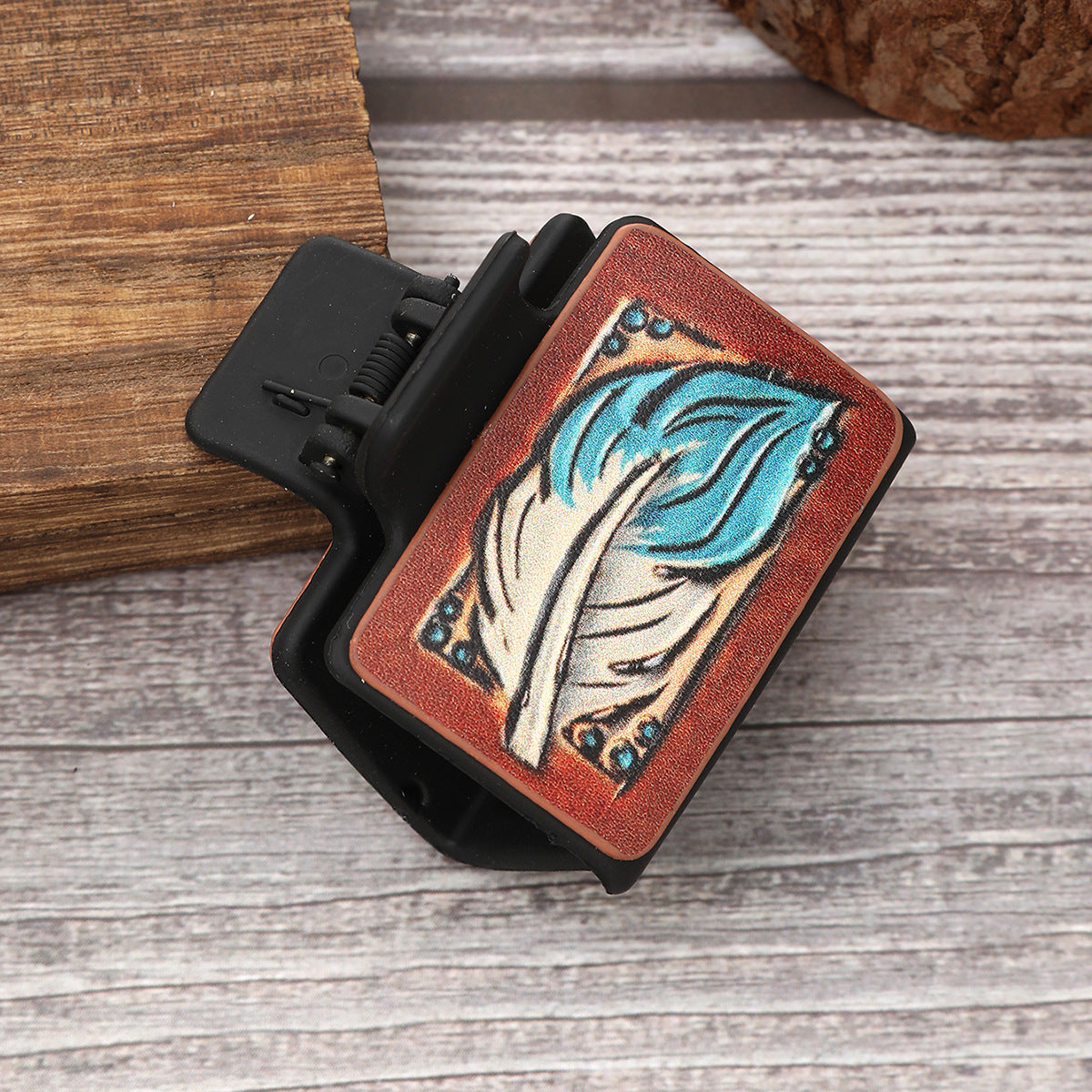 Wholesale Sunflower Feather Pattern Leather Hairpin Shark Clip Hair Clip