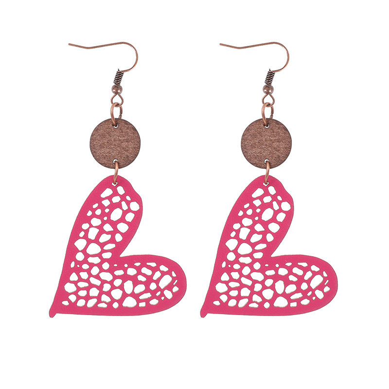 Wholesale Valentine's Day Love Wood Chip Hollow Mesh Leather Earrings