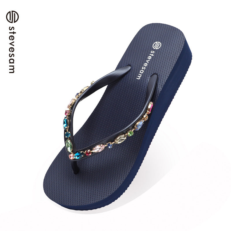 Wholesale Rhinestone Flip-Flops Women's Trendy Thick Bottom Beach Clip Leg Casual Wedge Sandals