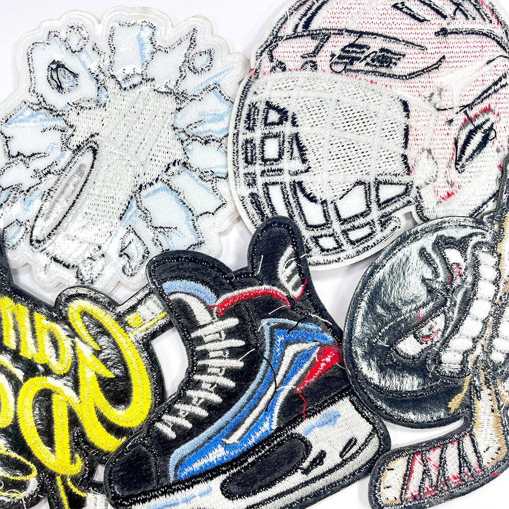 Wholesale Ice Hockey Theme Embroidered Patches Iron On DIY Adhesive Polyester For Clothing Helmets