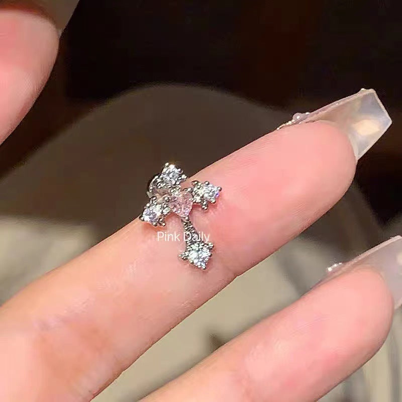 Wholesale Pink zircon cross ear bone studs titanium steel butterfly earrings