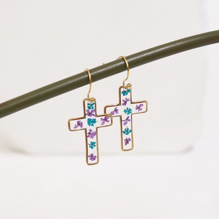 Wholesale 6pcs Resin Natural Dried Flower Cross Earrings