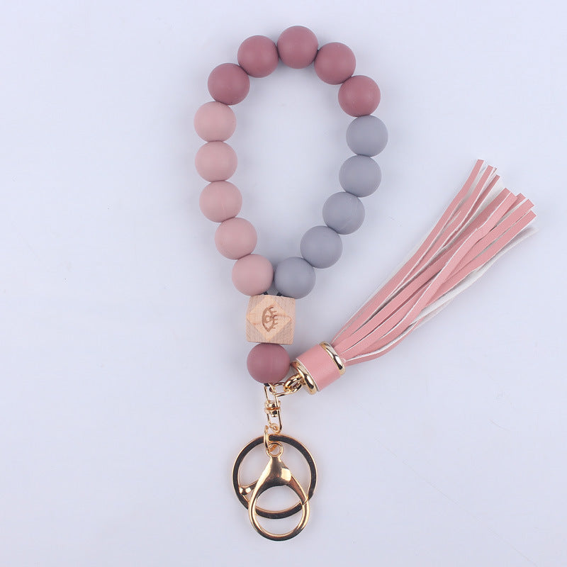 Wholesale Leopard Pattern Silicone Tassel Beaded Wrist Keychain