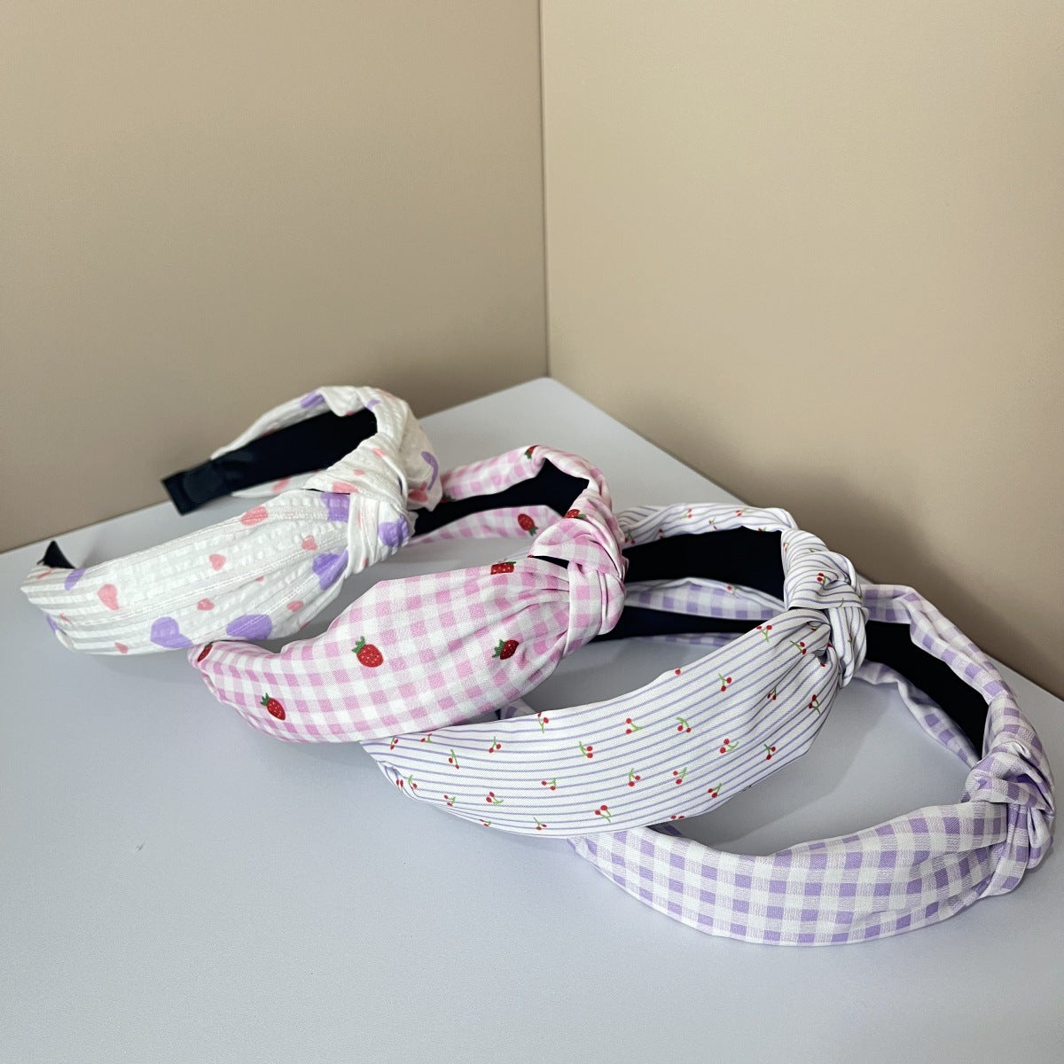 Wholesale Fabric Pure Flower Fruit Lemon Orange Cherry Wide Edge Knotted Headband Combination 4Pcs