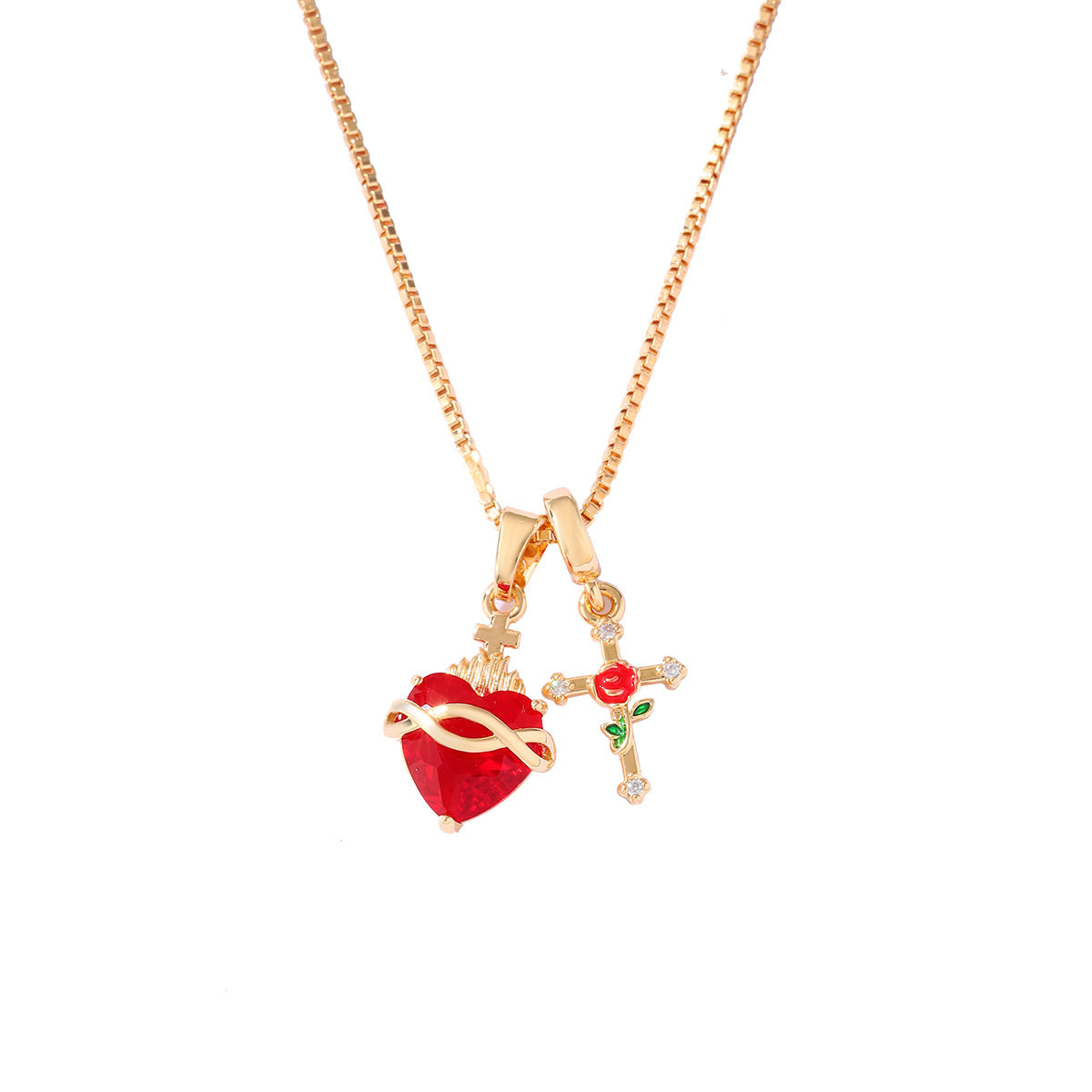 Wholesale Red Sacred Heart Cross Pendant Necklace Heart Shaped Collarbone Chain In Copper Fashion Jewelry Gift Accessory