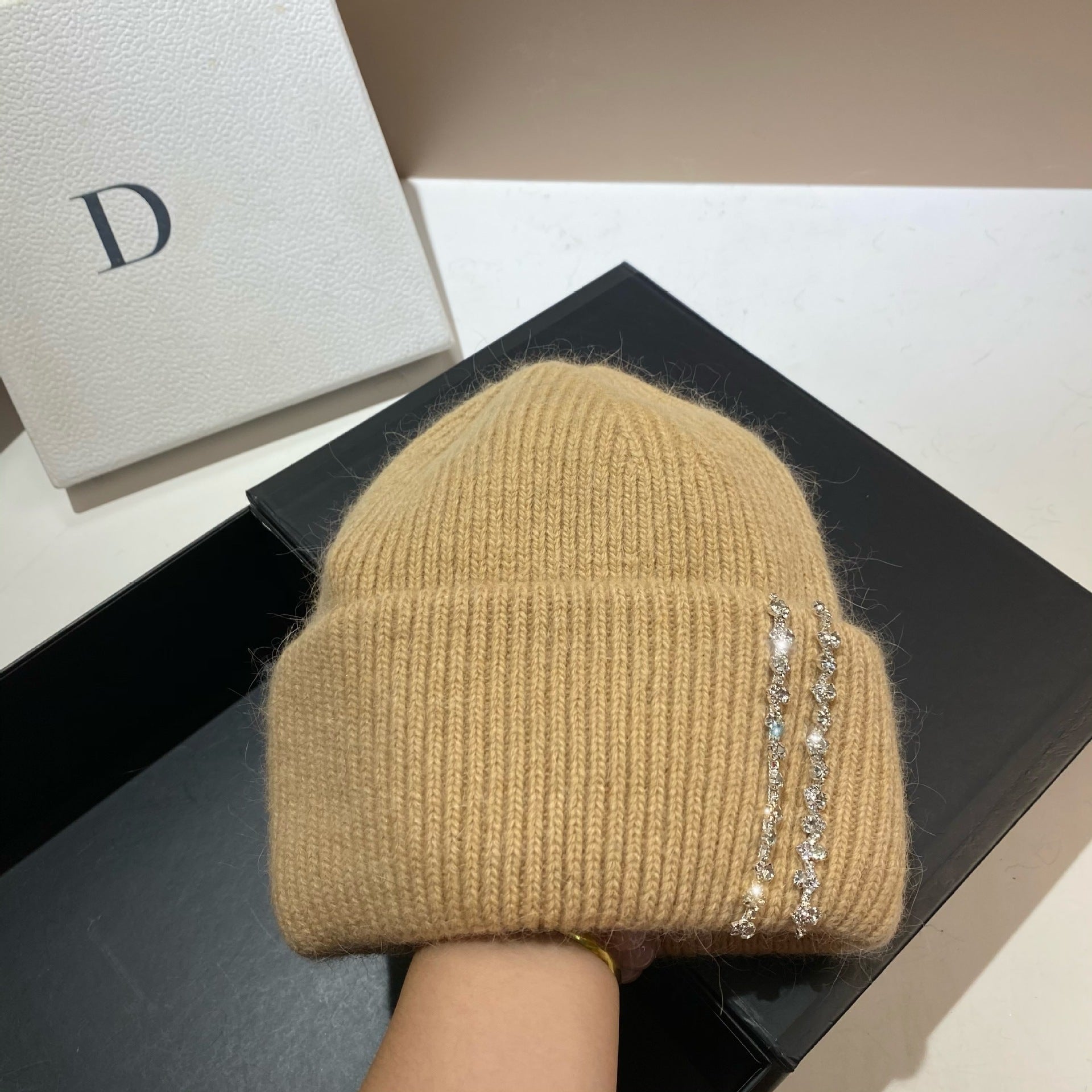 Wholesale Long Rabbit Fur Bi-fold Knitted Rhinestone Beanie