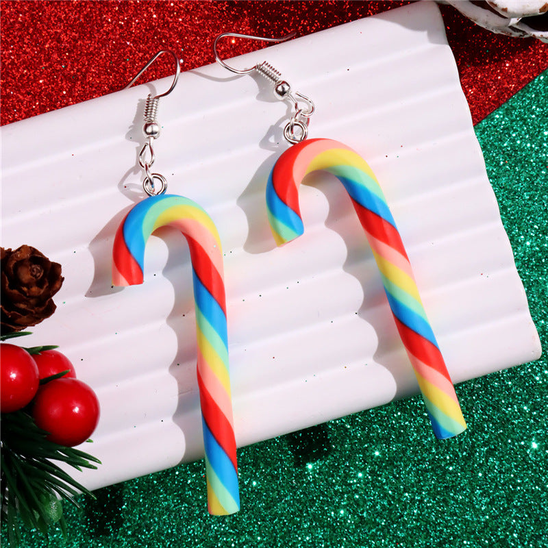 Wholesale Large Candy Cane Christmas Colorful Stripesd Rainbow Candy Pendant Earrings