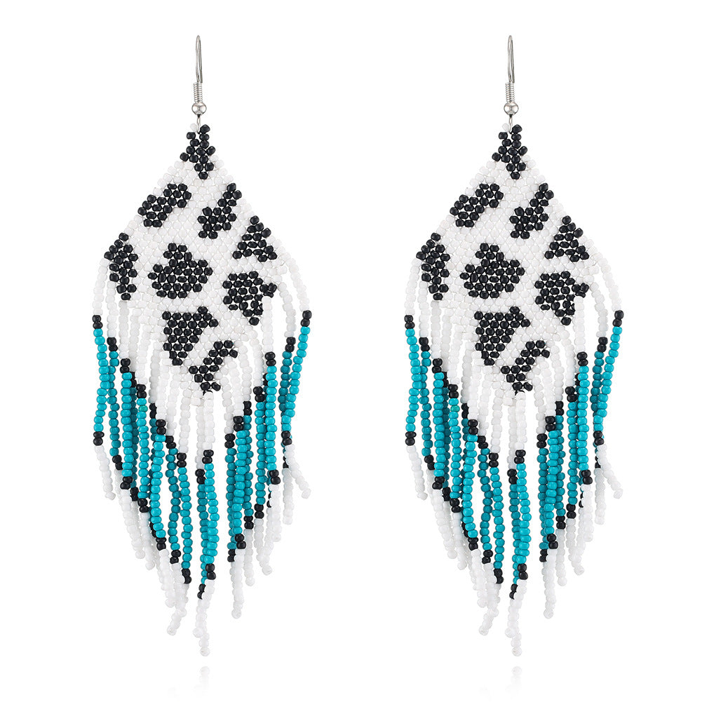 Wholesale Bohemian Handwoven Cow Pattern Long Tassel Rice Bead Earrings