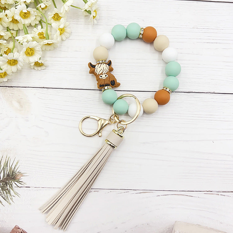 Wholesale Cartoon Small Animal Yak Silicone Beaded Bracelet Short Tassel Keychain