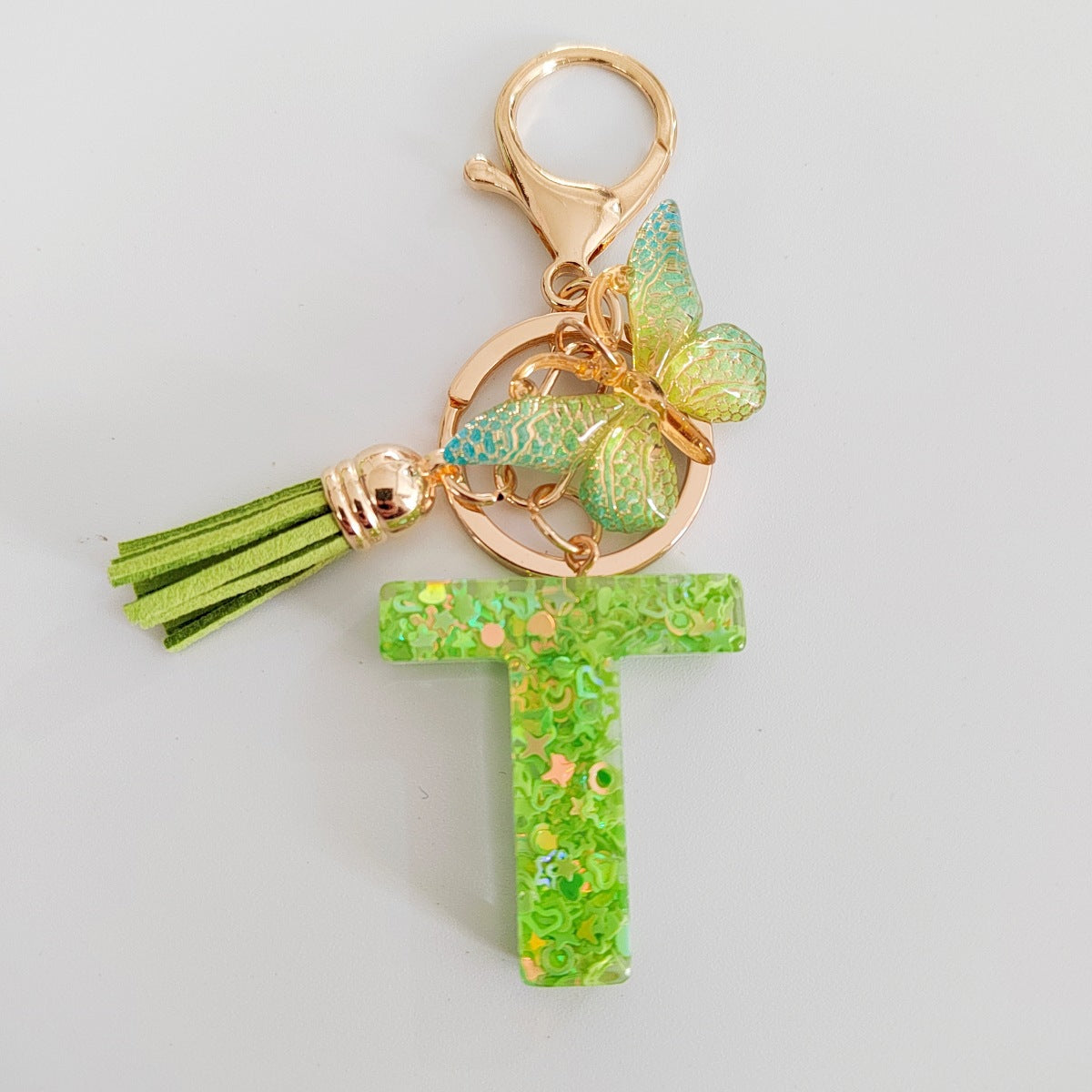 Wholesale 26 English Alphabet Keychain Pendant Green Star Glitter Resin Pendant  Key Chain