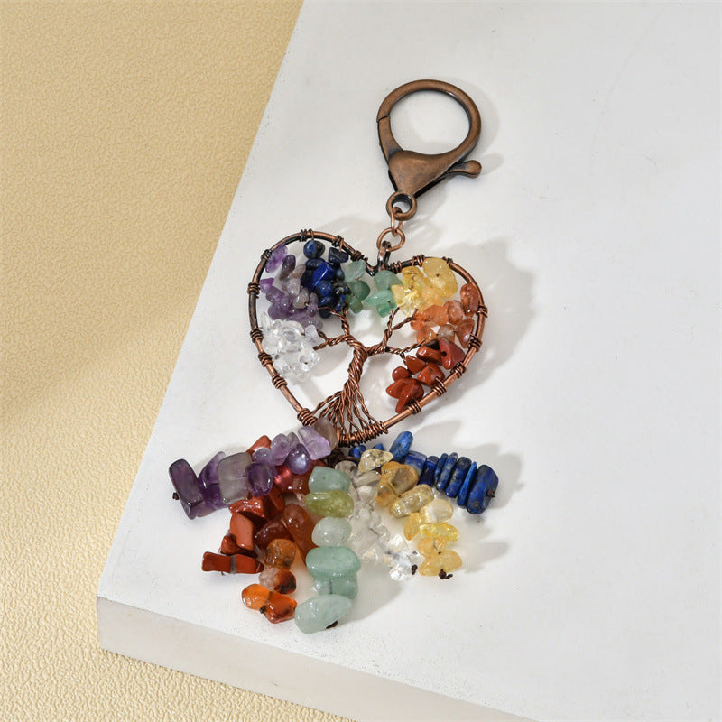 Wholesale Natural Crushed Stone Circular Life Tree Winding Copper Keychain