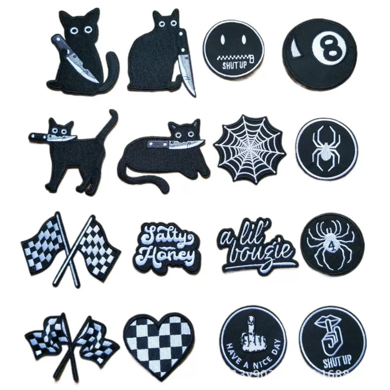 Wholesale Trendy Twill Embroidered Patches Assorted Black White Checkerboard  Web Heart Flag Designs For Towel Decoration DIY Accessory