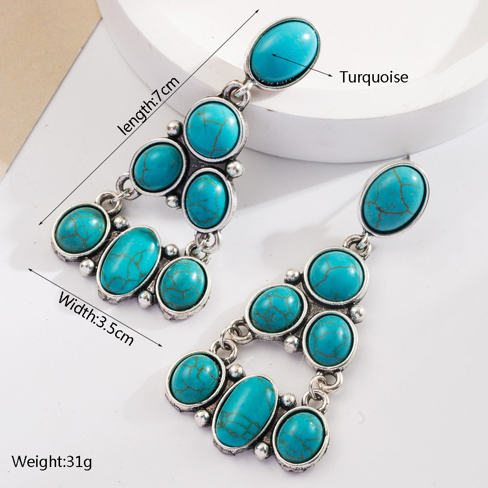 Wholesale Exaggerated turquoise retro layered long earrings