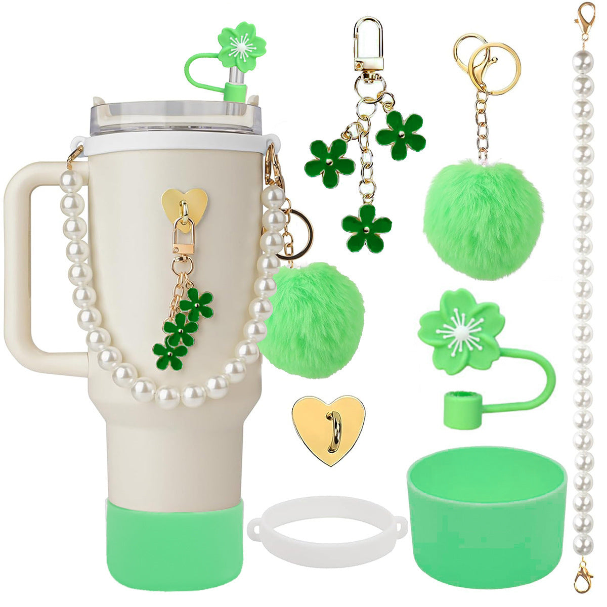 Wholesale Flower straw cap silicone insulated water cup holder pearl hand rope wool ball pendant set