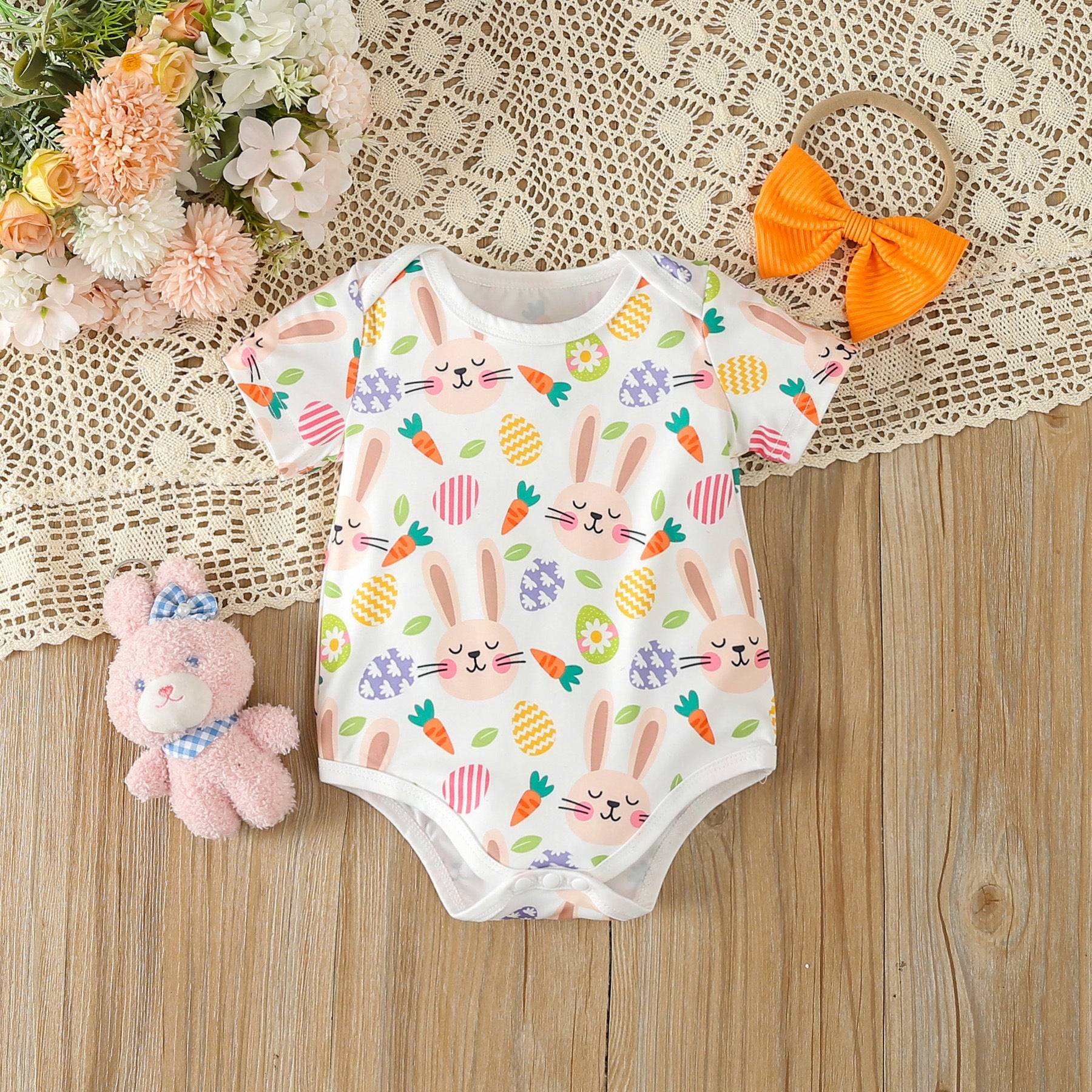 Wholesale Easter Cotton Bunny Trousers and Hair Tie Three-piece Set