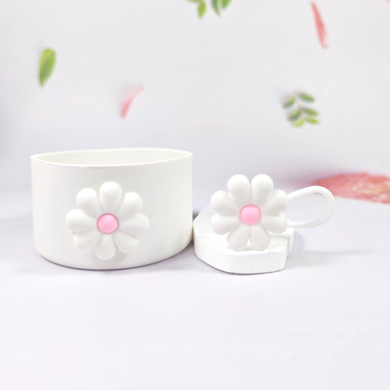 Wholesale Selling silicone insulated cup sleeves flower-decorated cup holders straw caps