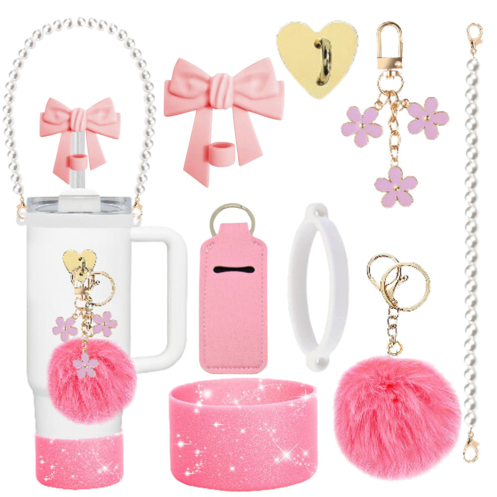 Wholesale mug accessories portable chain bow straw decorative silicone cup set cup chain flower pendant