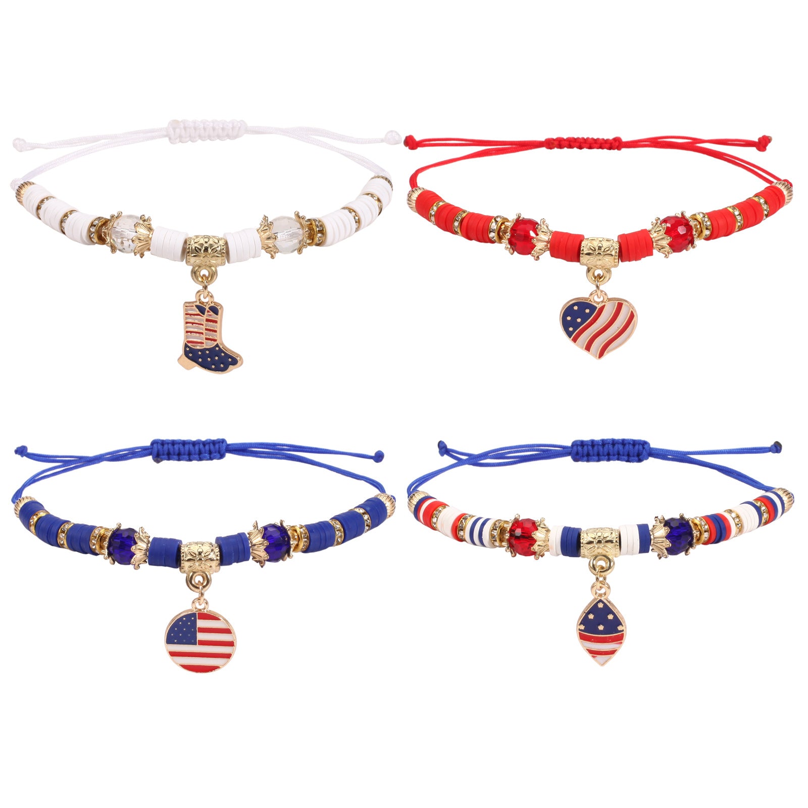 Wholesale Independence Day Braided Adjustable Heart Five-pointed Star Butterfly Red White and Blue Bracelet